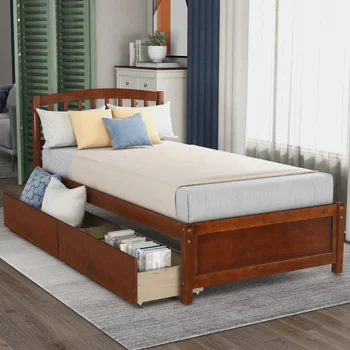 Легло за съхранение на двойна платформа Дървена рамка на легло с две чекмеджета и таблата \ Орех (на Предишния артикул: SF000062DAA) Орех