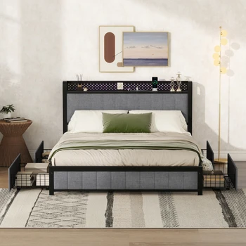 Легло с led тапицерия, стилна рамка на легло Queen-size с led таблата, 4 чекмеджета, за съхранение и USB-порта, Бельо легло Queen-size