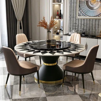 Лесно лукс и минималистичная комбинация маса за хранене и столове в постмодерния стил, мрамор домашен кръг дизайнерски кръгла маса