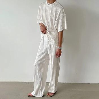Летен Мъжки костюм от Ледената Коприна 2023, Тениска с къс ръкав, Корейски Свободни Плисирани Панталони с прав штанинами, Ежедневни однотонная спортно облекло, Комплект от две части