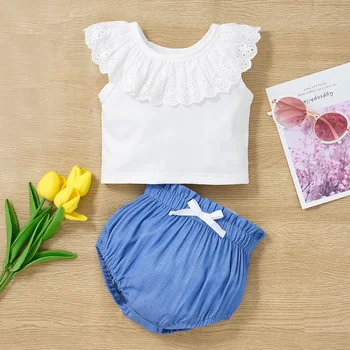 Летни дрехи за новородени, тениска с яка кукла за най-малките момичета, Комплект шорти, детски комплект 0-2 години