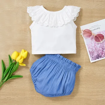 Летни дрехи за новородени, тениска с яка кукла за най-малките момичета, Комплект шорти, детски комплект 0-2 години
