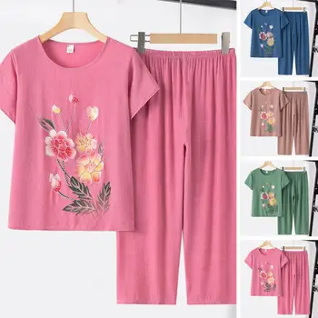 Летни комплекти от две части, Женската риза е с цветна принтом и кръгло деколте, блузи с къс ръкав и панталони с висока талия, всекидневни спортни дрехи, дамски дрехи