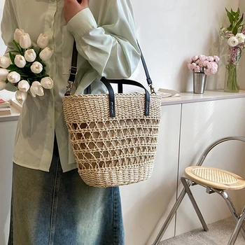 Летни ръчно изработени чанти, дамски чанта ръчна изработка с горната дръжка за мода, елегантни, ежедневни и прости чанта през рамо с голям капацитет