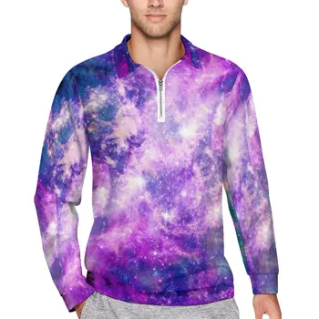 Лилави Свободни ризи поло със звездното пространство, Мъжки ежедневни ризи с дълъг ръкав и принтом на Галактиката, Градинска есенна риза с графичен дизайн, Голям размер 5XL