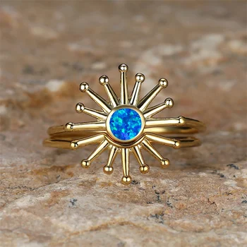 Луксозен Женски комплект пръстени с Астеризмом, пръстен от жълто злато, За жени, Годежен пръстен със Синьо Опалом, Бижута
