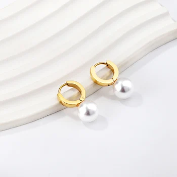 Луксозни и Елегантни обеци-халки с френски перли за жени и момичета, Елегантни обици капка с перли от неръждаема стомана, Корейски, модни бижута