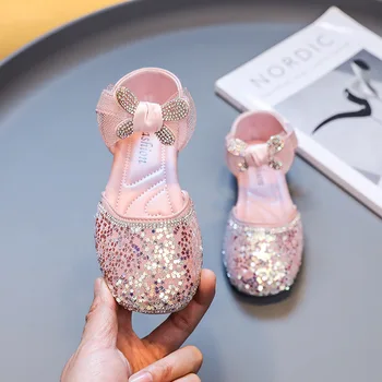 Лъскави Розови Обувки на Принцесата; Красиви Бебешки Ежедневни Сандали с пайети; Модел обувки за денс парти за Момичета; Модни обувки на плоска подметка с мека подметка