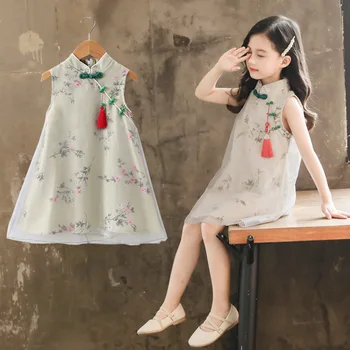 Лятна Бебешка рокля в китайски етнически стил, в ретро стил, за момичета, без ръкави с цветен печат, Детски дрехи сестри Чонсам Ханфу, от 3 до 14 години