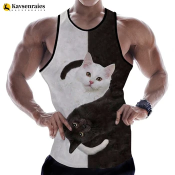 Лятна новост, лидер на продажбите, мъжки блузи на бретелях с 3D принтом любимец котка, без ръкави, пролетни плажни върхове с 3D принтом в стил Харадзюку, тениски 6XL