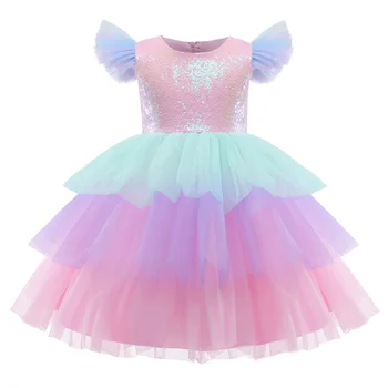 Лятна Рокля-пакетче Принцеса с цветове, с дълъг ръкав за момичета 2023, Ламинирано рокля-пакетче с пайети, с преливащи се цветове рокли за деца, празнична рокля, Детско бална рокля