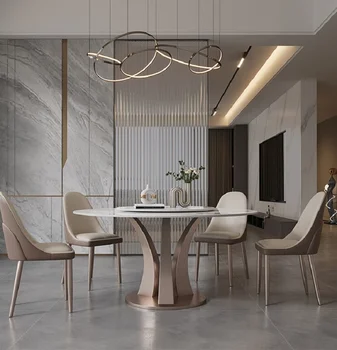 Маса за хранене с превръщането на масата, модерен, лесен, елитен италиански лесен луксозен дизайнерски кръгла въртяща се маса за хранене и стол