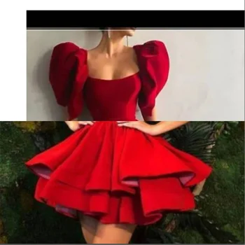 Мини коктейл рокля Трапецовидна форма, с пищни ръкави, червено коктейл рокля във формата на сърце за дамите, Къси вечерни рокли