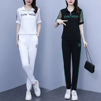 Модерен спортен комплект, женски летен комплект, нов, корейски стил, голям размер, свободни, за отслабване, с висока яка в западен стил, всекидневни, от две части