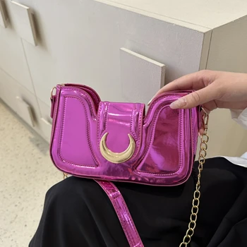 Модерна дамска чанта от лачена кожа под мишниците, верига Moon, Дамски чанти на рамо, брилянтен дизайн, женствена чанта през рамо, чантата, чанти