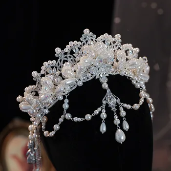 Модни Луксозни Сватбени Crown, Дамски Диадеми, Диадема с украса във вид на Кристали и Перли, Корейската превръзка на главата на Булката, Булчински аксесоари за коса, Прическа