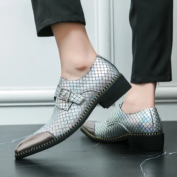 Модни Мъжки Обувки-Oxfords цвят: Златист, Сребрист; Луксозни Маркови Вечерни Мъжки сватбени обувки С шарките на риба везни; Тенденция Oxfords
