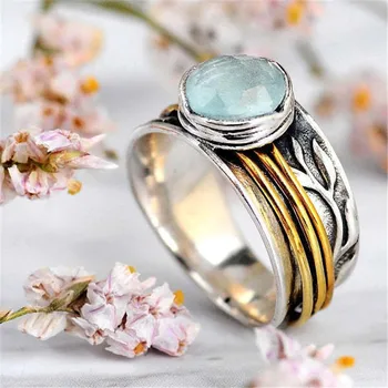 Модни Реколта тибетски Сребро-сини пръстени с кристали за жени, Бижута за момичета, бижута сватба, подарък jz737