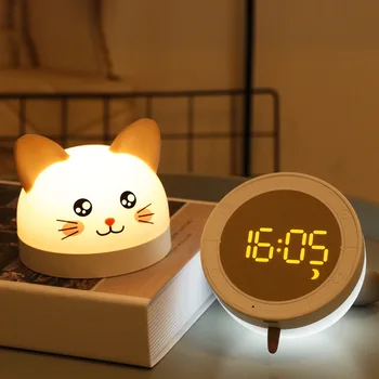 Мультяшная Котка Мишка лека нощ С Будилник USB Акумулаторна Затемняемая Силиконова Настолна Лампа За Спални Baby Romm Decor Nightlight