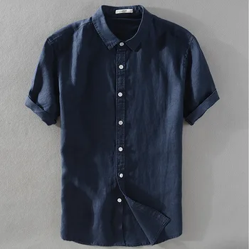 Мъжка риза от чист лен, 2023, летни нови ежедневни блузи с къс ръкав, однотонная дрехи с отложным яка