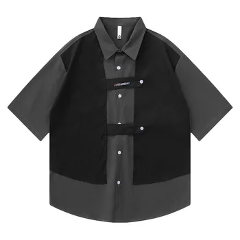 Мъжки t-shirt - американска работна риза, подправяне от две части, модерен ретро, функционален стил, свободен размер оверсайз, чувство за дизайн