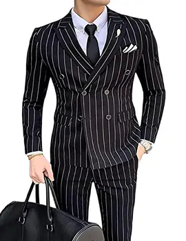 Мъжки Костюми на Вертикални райета-Тъмно-черен, 2 бр., оборудвана Бизнес Двубортный костюм за Сватбен банкет (яке + панталон)