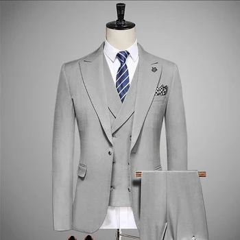 Мъжки костюми с ревера, комплект от 3 теми, мъжки однобортный яке, бизнес смокинг (блейзър + жилетка + панталони) Сватбата булката