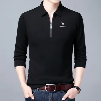 Мъжки облекла за голф HAZZYS, Ежедневна Мъжка тениска с дълъг ръкав За малки и средни години, однотонная риза с къси ръкави с ревера Топ с цип по средата, Стил