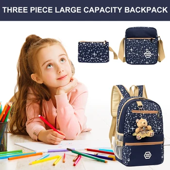 Набор от училищни раници, 4 бр., определени раници с училищната чанта, чанта през рамо, чанта за съхранение и висулка под формата на мечка, платно скъпа раница, голяма