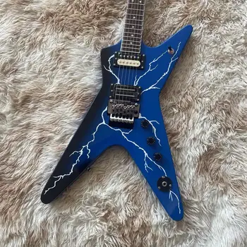 Нерегулярная голяма вилица, вградена електрическа китара, тъмно синьо фигура на мълния върху корпуса, хастар от палисандрово дърво, боа на съвсем малък тремоло