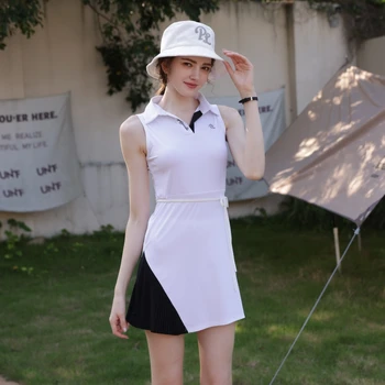 Нова рокля за голф, Женска риза поло без ръкави с V-образно деколте, Рокли, Дамски дишаща спортна къса пола за тенис и голф