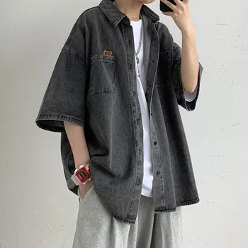 Новата деним риза, мъжка модна марка ins в японски стил, риза свободно намаляване с къси ръкави, летен тренд, красиво палто в стил побойник