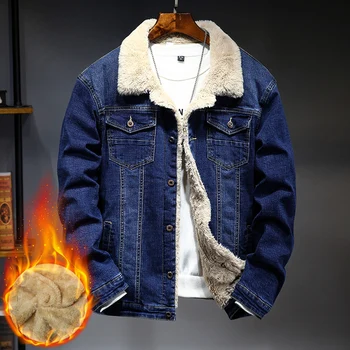 Новата деним яке от еластичен руно, мъжки зимни модни тънка парк 2023, Ежедневни утепленная топло кадифе мъжки дрехи, палто джинсовое
