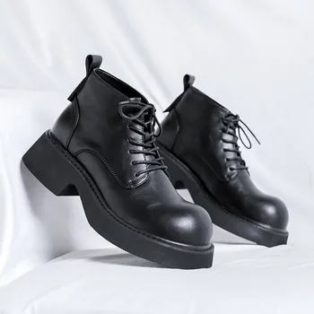 Нови британски мъжки модни черни мъжки обувки, модельная кожени обувки, обувки на платформа, градинска обувки, които растежа, мотоциклетни ботуши