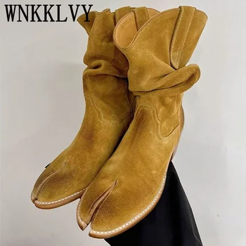 Нови Дамски обувки на дебелите обувки със среден ръкав, Ежедневни обувки от естествена Кожа с Разцепени Пръсти, женски Универсални Пролетно-есенните модни обувки