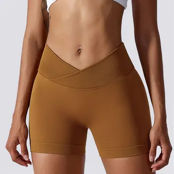 Нови Секси спортни къси панталони за йога с ефект повдигащ, Дамски безшевни шорти от ликра за тичане, каране на колело, Къси гамаши за фитнес, Дамски къси панталони за фитнес с висока талия