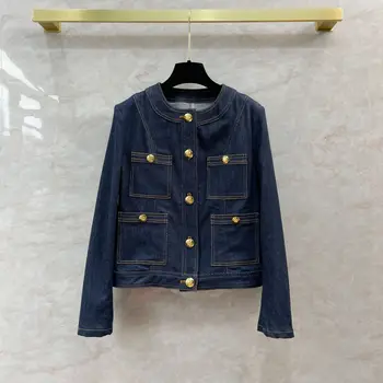 Ново висококачествено джинсовое палто с кръгло деколте и златни копчета, женски кратък топ с дълъг ръкав