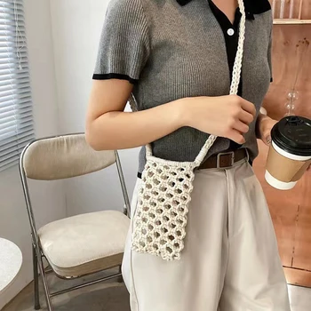 Однотонная тканая чанта за телефон, дамски модни малка чанта през рамо, вязаная на една кука, лек ракита чанта, мини чанта през рамо