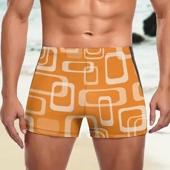 Оранжеви ретро мода на Топене на 60-те години с Квадратна принтом, Трендови плажни Боксерки За плуване, Голям Размер, бързо съхнещи Мъжки бански костюми