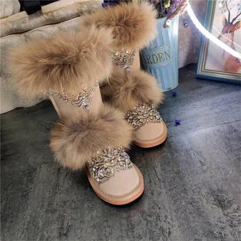 Оригинален дизайн, расшитая кристали кожа на миеща мечка, висока тръба, топли нескользящие дамски зимни обувки, памучни обувки голям размер