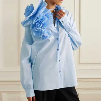 Открийте Проста Однотонная в памучна блуза с 3D цветен Модел, Модни и Ежедневни Однобортная риза Свободно Намаляване с ревери и Дълъг ръкав, Дрехи за жени, 3 вида цветове