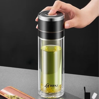 Офис чаши за вода GIANXI, огнеупорни двуслойни стъклена чаша с голям капацитет, с едно кликване, за да отворите капака, чаши, прибори за хранене и за напитки