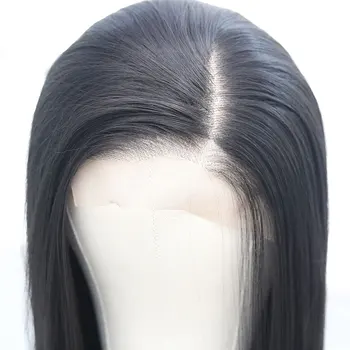Перука от преките синтетични косми на дантели, бесклеевое термостойкое влакна черен цвят, естествен косата е със странично пробором за женски перуки
