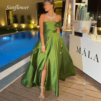 Подсолнечно-Зелени Рокли с едно рамо за Бала, Вечерна рокля Трапецовидна форма, с къдри, на малка Вечерна Рокля с цепка Отстрани, 2023, Атласное Рокля от Висок клас на Поръчка