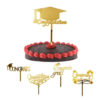 Поздравления Выпускную Шапка Завършил Колеж, Златен Акрил Topper за Торта, Украса за Торта Happy Graduate Party Decor