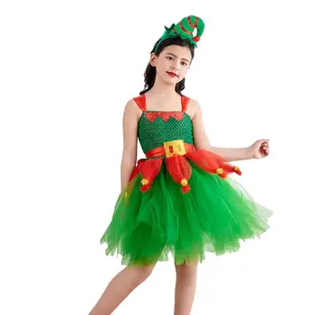 Празнична рокля за костюм на елф, Коледни зелена рокля за костюм на елф, Сладък детски празничен костюм на елф, подаръци за момичета с шапка и превръзка на главата