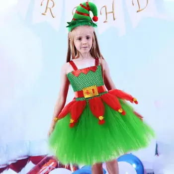 Празнична рокля за костюм на елф, Коледни зелена рокля за костюм на елф, Сладък детски празничен костюм на елф, подаръци за момичета с шапка и превръзка на главата