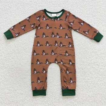 Продажба на едро, Гащеризон с дълъг ръкав, с цип за новородено, Бебешки дрехи, едно парче гащеризон за малки момчета, кафява облекло