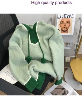 Пуловер с качулка За жени, Луксозни зелени Пуловери в корейски стил, Модерен, Лесен Свободен топло трико с дълъг ръкав, Пролет 2023