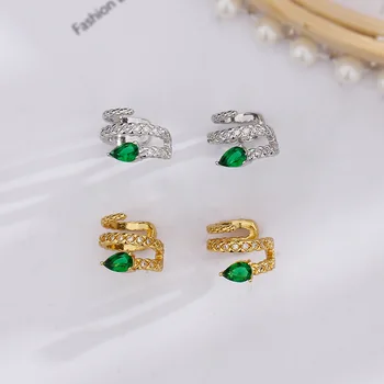 Реколта обеци-втулки под формата на зелен кристал змии за жени, 1 бр., перка без пиърсинг, Скоба за ушите, Аксесоари, Бижута, подаръци EF098